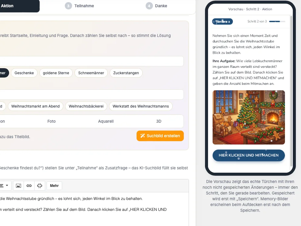 Türchen-Editor mit KI-Vorschlag zum Bearbeiten und Live-Vorschau auf dem Smartphone