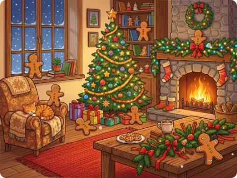 Von der KI gemaltes Suchbild: Weihnachtsstube mit versteckten Lebkuchenmännern