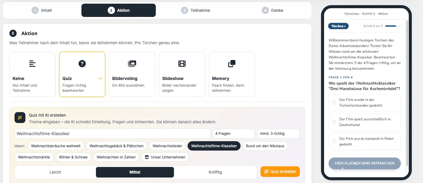 Neuer Türchen-Editor: Aktion wählen (Quiz, Bildervoting, Slideshow, Memory), Quiz mit KI erstellen, Live-Vorschau auf dem Smartphone